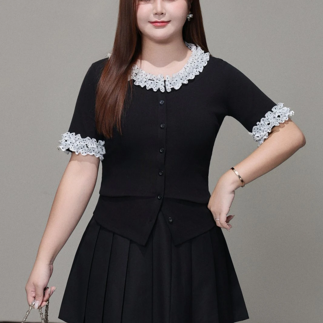 

XXXXL Fashion Plus Size Woman Clothing Blouses Premium Polka Dot Lace Slim Waist Knitted Short Sleeve Shirt Preppy Style Top