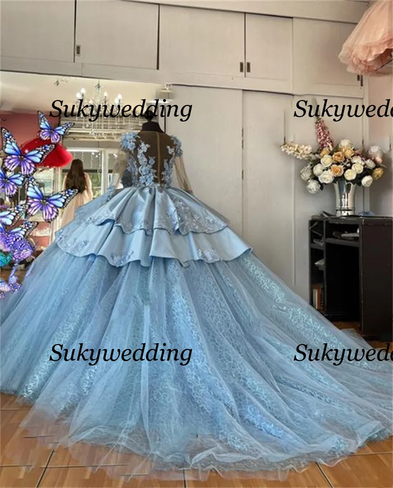 Vestidos Quinceanera azul-céu, apliques de lantejoulas, mangas compridas, vestido de princesa, flores 3D, 15 anos