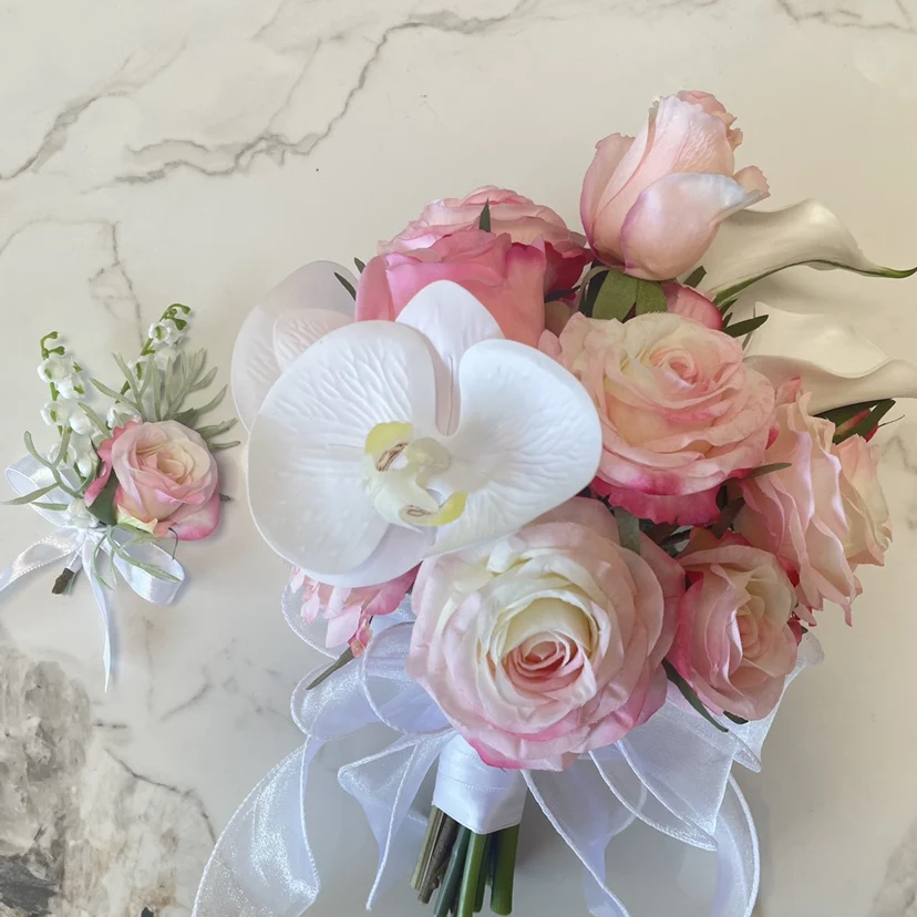 Ramo de flores artificiales para dama de honor, flores de imitación rosas para novia y boda