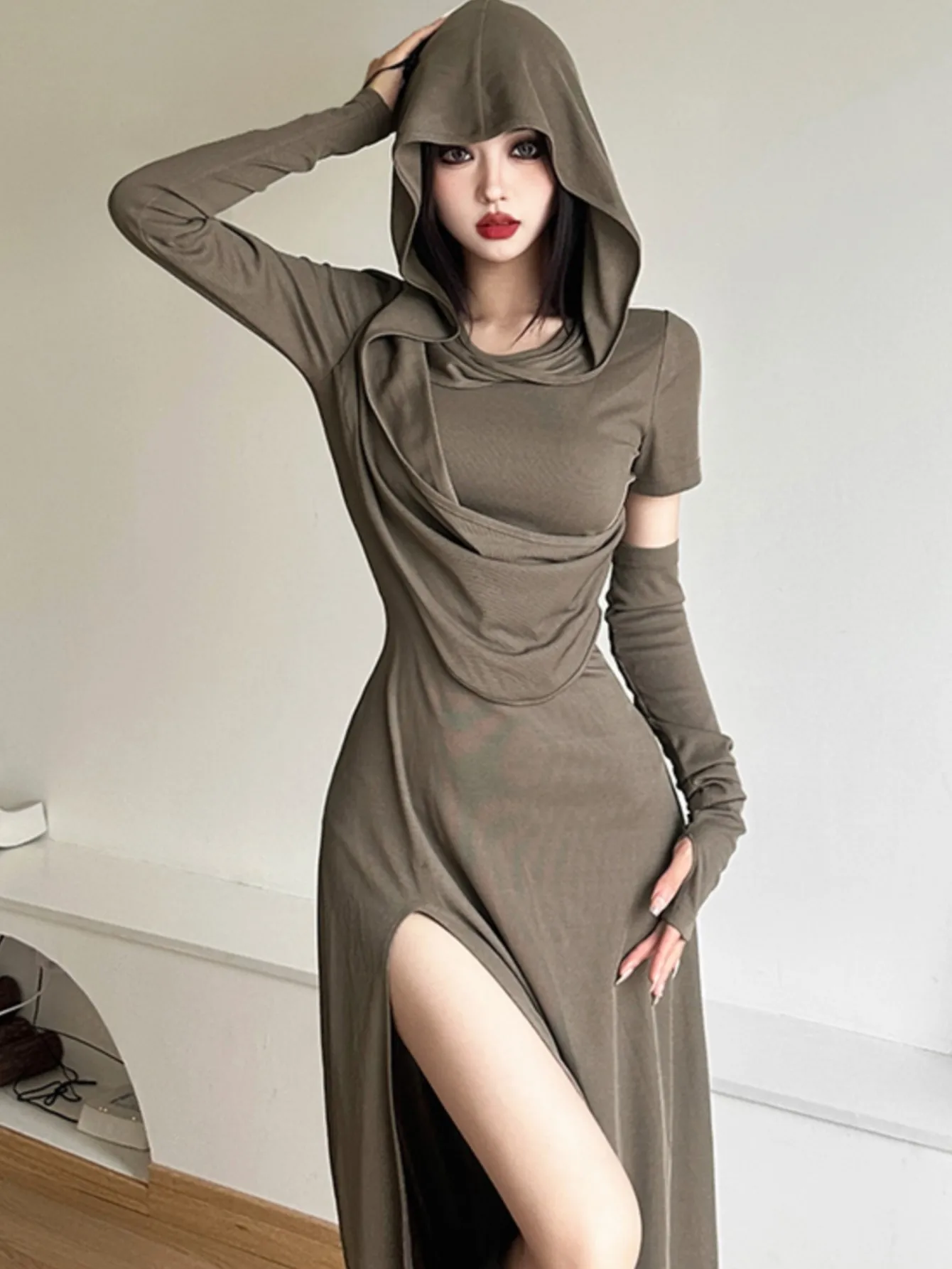 Street Wasteland Style Hoodie Dress for Women Y2K Vintage Solid Color Slim Waist Vestidos Autumn Fashion Long Sleeve Robe Mujer