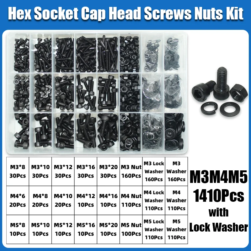 M2 M2,5 M3 M4 M5 M6 Innensechskant-Set Inbusschraube DIN912 Schwarz 12,9 Kohlenstoffstahl Schrauben Muttern Bolzen Unterlegscheibe Sortiment – Detail 8
