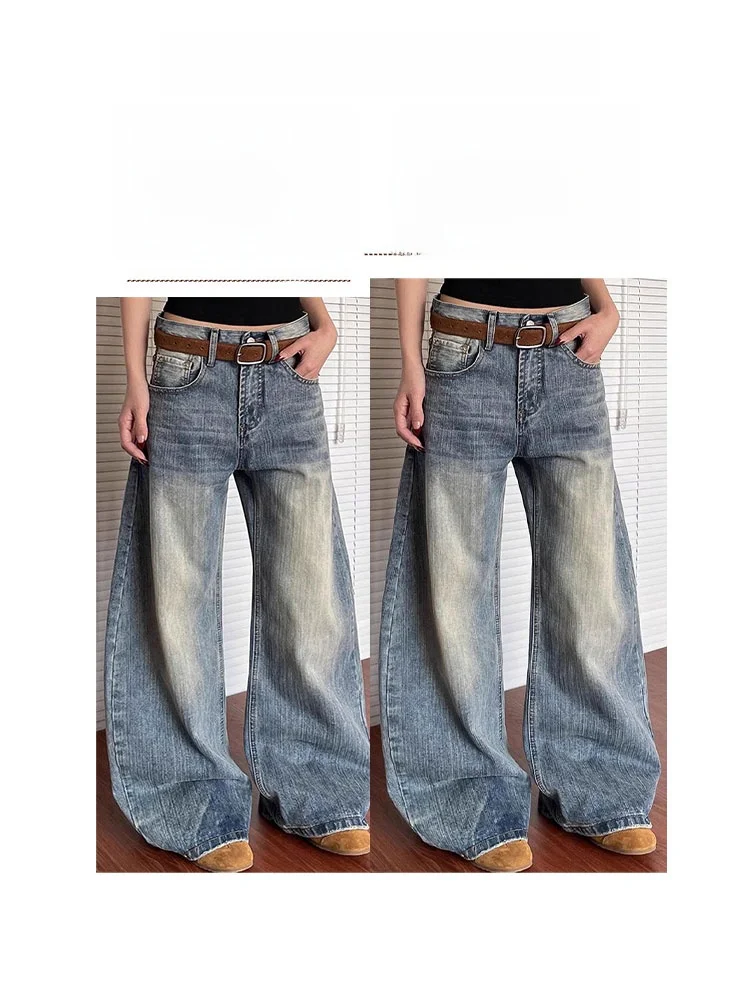 Jeans mit hoher Taille und weitem Bein für Damen, Herbst-Design-Sense-Taille, Denim-Hose, Dra Feel Small Stature, hohe Taille, gerade, lang...