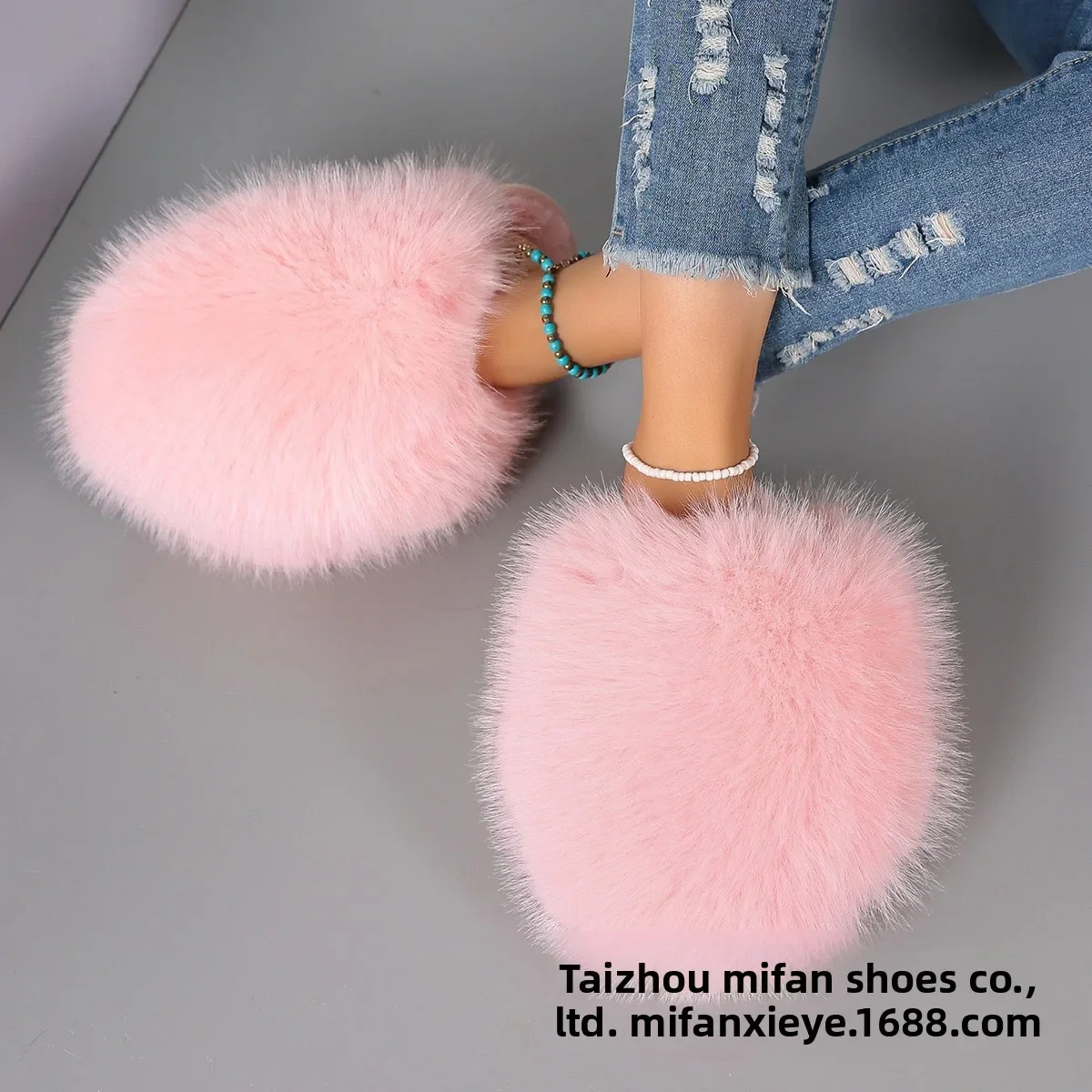 Neue Winter-Damenmode-Fellpantoffeln, Flauschige Niedliche Plüsch-Luxus-Outdoor-Anti-Rutsch-Pantoffeln mit Flachem Boden für Damen – Detail 8