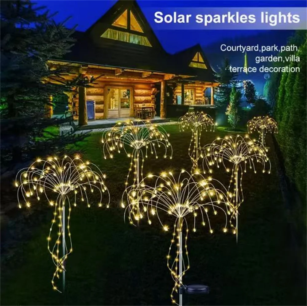 2pcs Solar LED Firework Firecracker Willow Copper Wire String Lights 120leds Outdoor Waterproof Stake Lights for Garden Yard