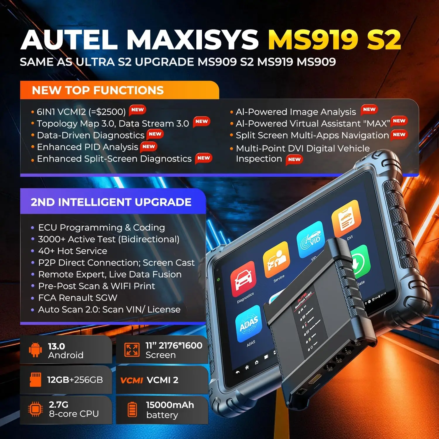 Autel MaxiSys MS919 S2 Intelligent Car Diagnostic Tools OBD2 Scanner ECU Programmer Topology3.0 Motor TruSpeed Same as Ultra S2