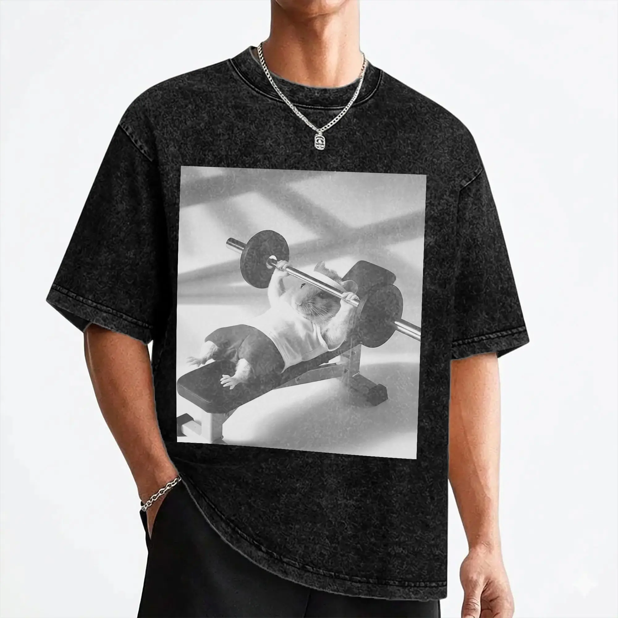 Hamster Gym Weight Lifting Meme T Shirts Washed Short Sleeve Harajuku T-Shirts  Novelty Men Women Streetwear Printed Tops Tees