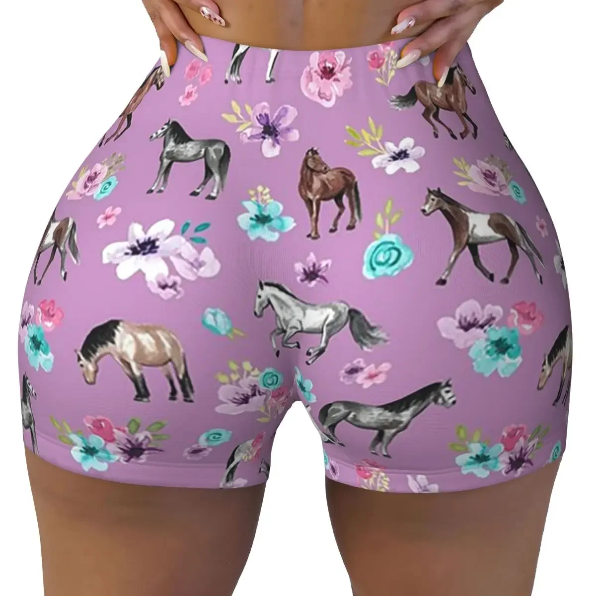 Custom Horses And Flowers Print, Horse Decor, Light Purple, Pony, Floral Yoga Shorts Women Athletic Volleyball Biker Shorts