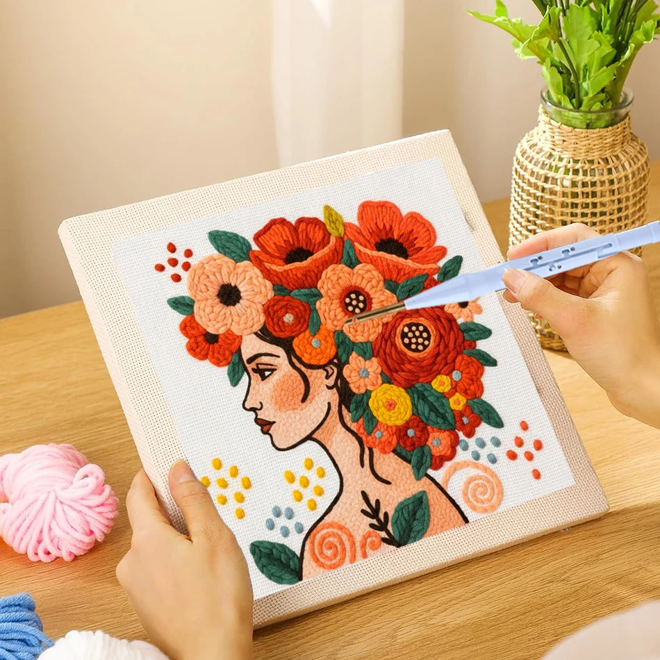 

DIY Punch Needle Starter Kit Flower Crown Woman Pattern Full Set for Adults Handmade Poking Embroidery Yarn Painting Arts