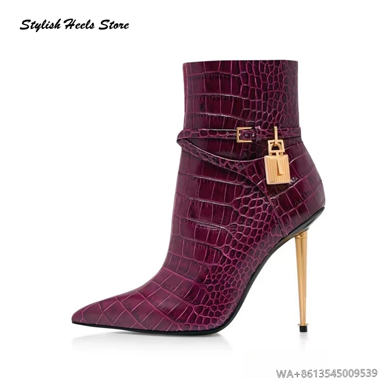 Stylish Crocodile-effect Metal Heel Booties Elegant Women Metal Lock Buckle Strap Ankle Boots Pointed Toe Stilettos Modern Boots