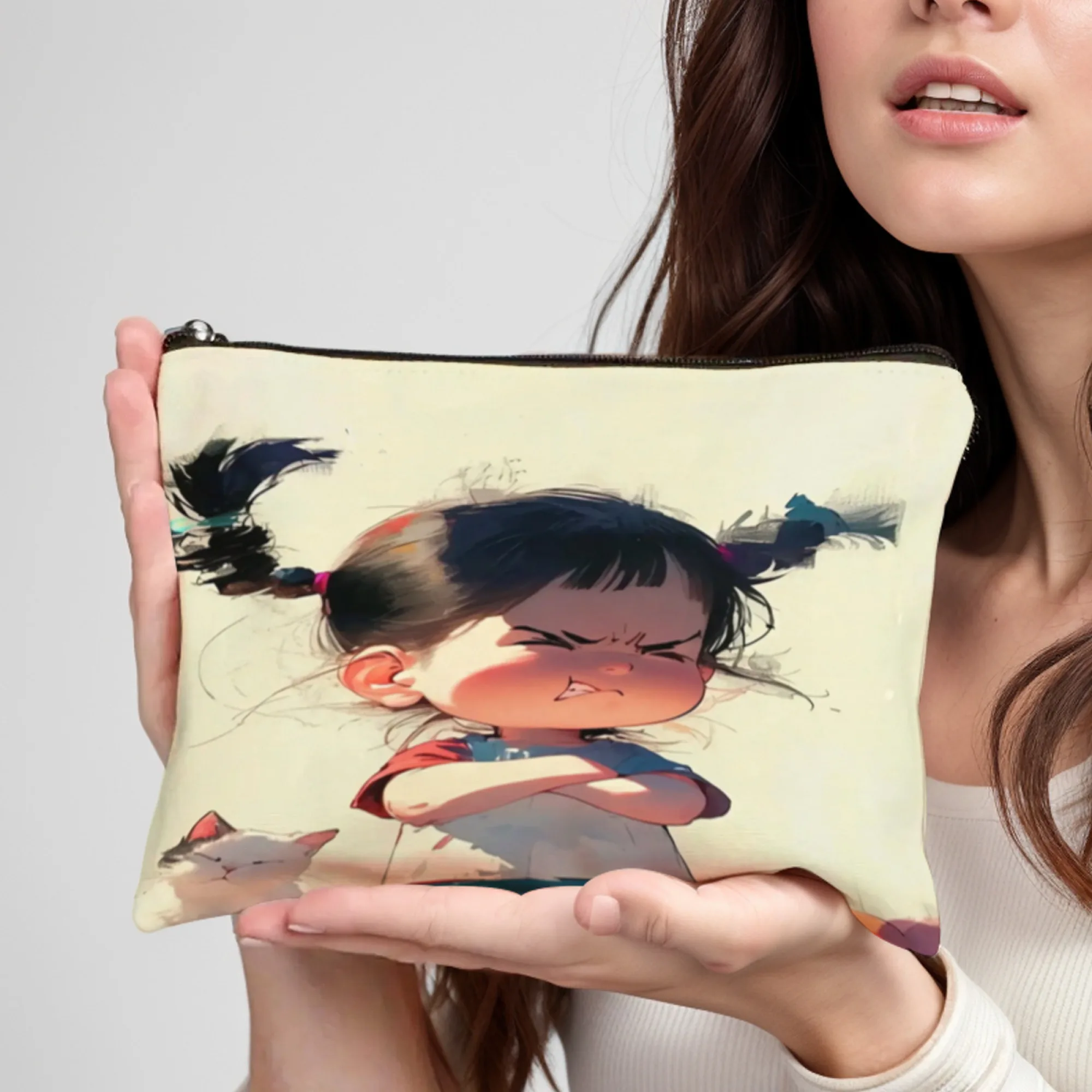 Angry Girl Print Stylish Zippered Makeup Bag Portable Cosmetic Case With Mirror Durable Travel Toiletry Bag For Girls Makeup