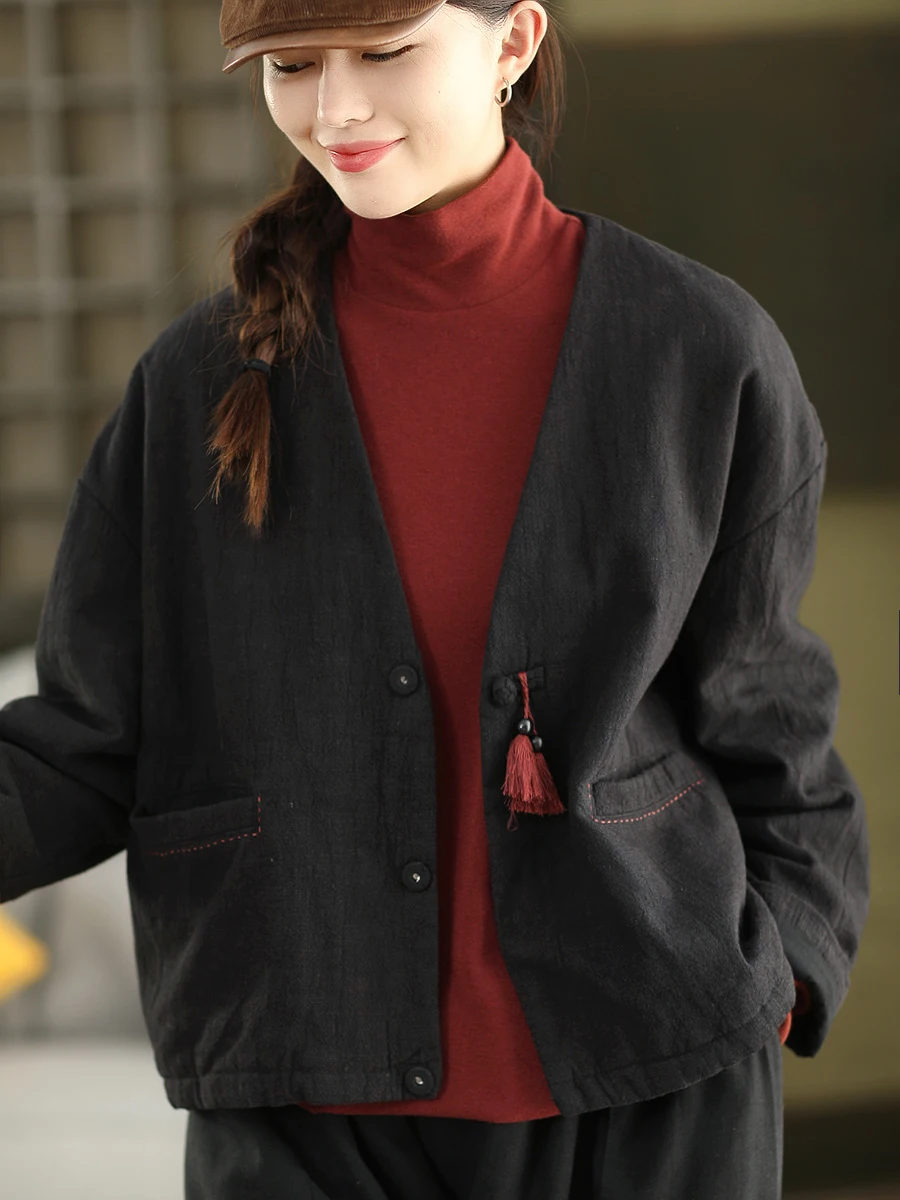 

Thiened Chinese Sle Pure Cotton Warmth Linen Women's Winter Coat Inner Full Cotton Cotton Jaet V-Ne Long Sve Button