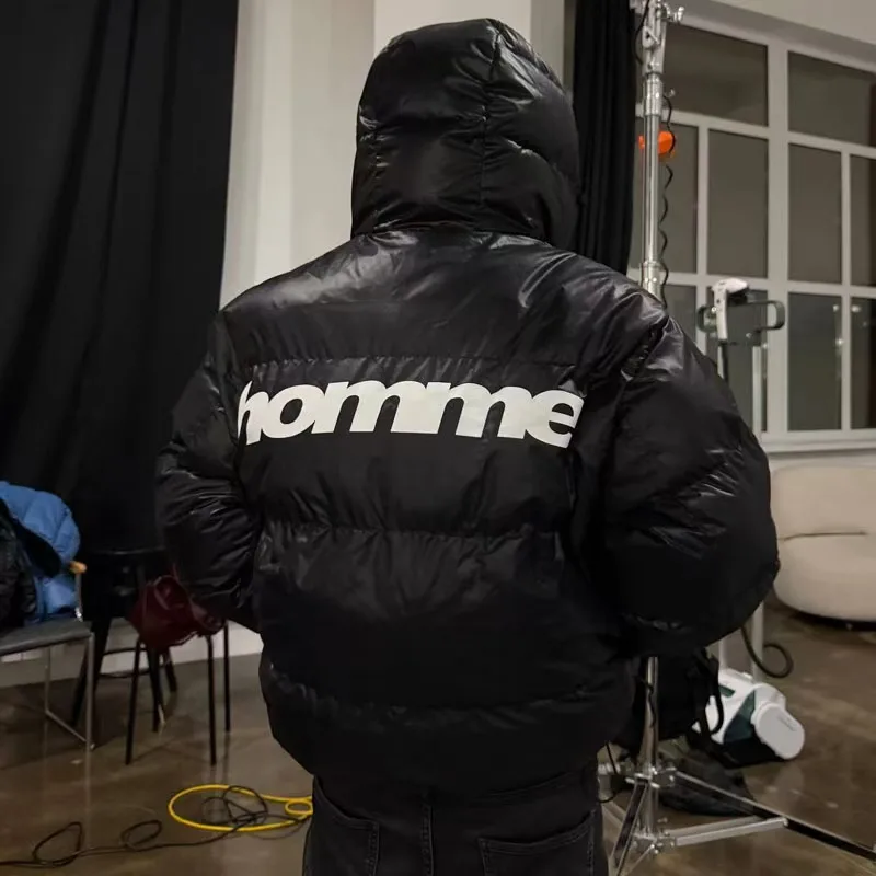 Men Shiny Puffer Jacket Back Homme Letter Print Hooded Down Coat Oversized Warm Winter Couple Bubble Coat Black White Unisex New view 3