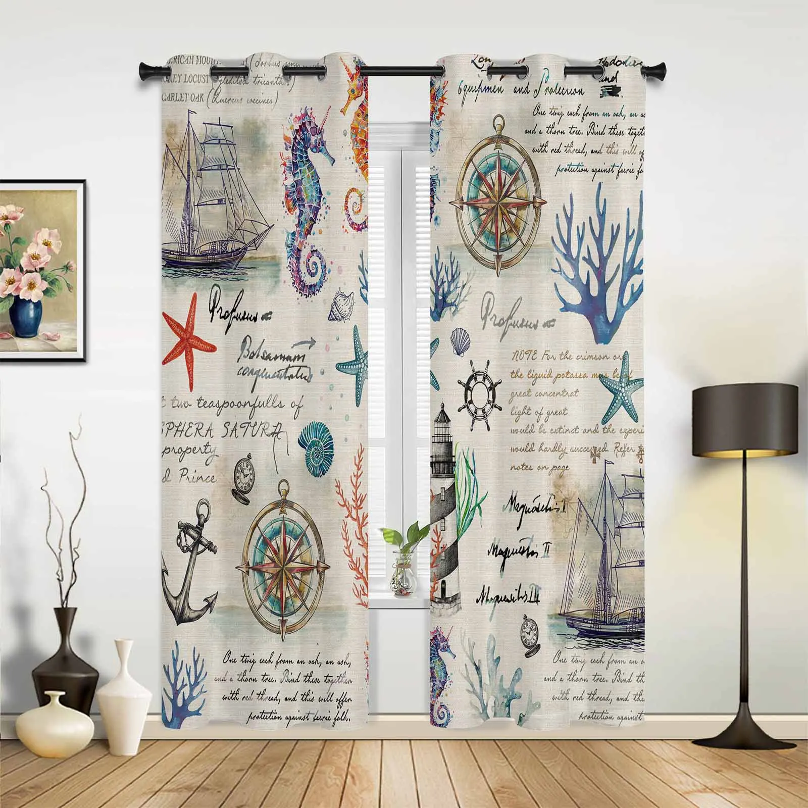 Ocean Plant Coral Sailboat Anchor Window Curtains for Living Room Luxury Bedroom Curtain Kitchen Blinds Drapes Curtains