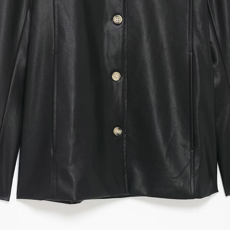 Willshela Damska Moda PU Czarne Jednorzędowe Kurtki Vintage z Klapami Długie Rękawy Eleganckie Stroje Damskie