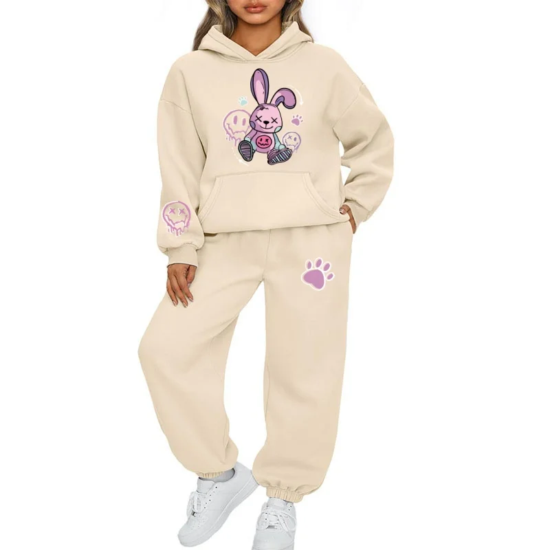 2025 Spring and Autumn Sportswear High end Printed Hooded Long sleeved Hoodie Tight Foot binding Pants Fashion Two piece Set