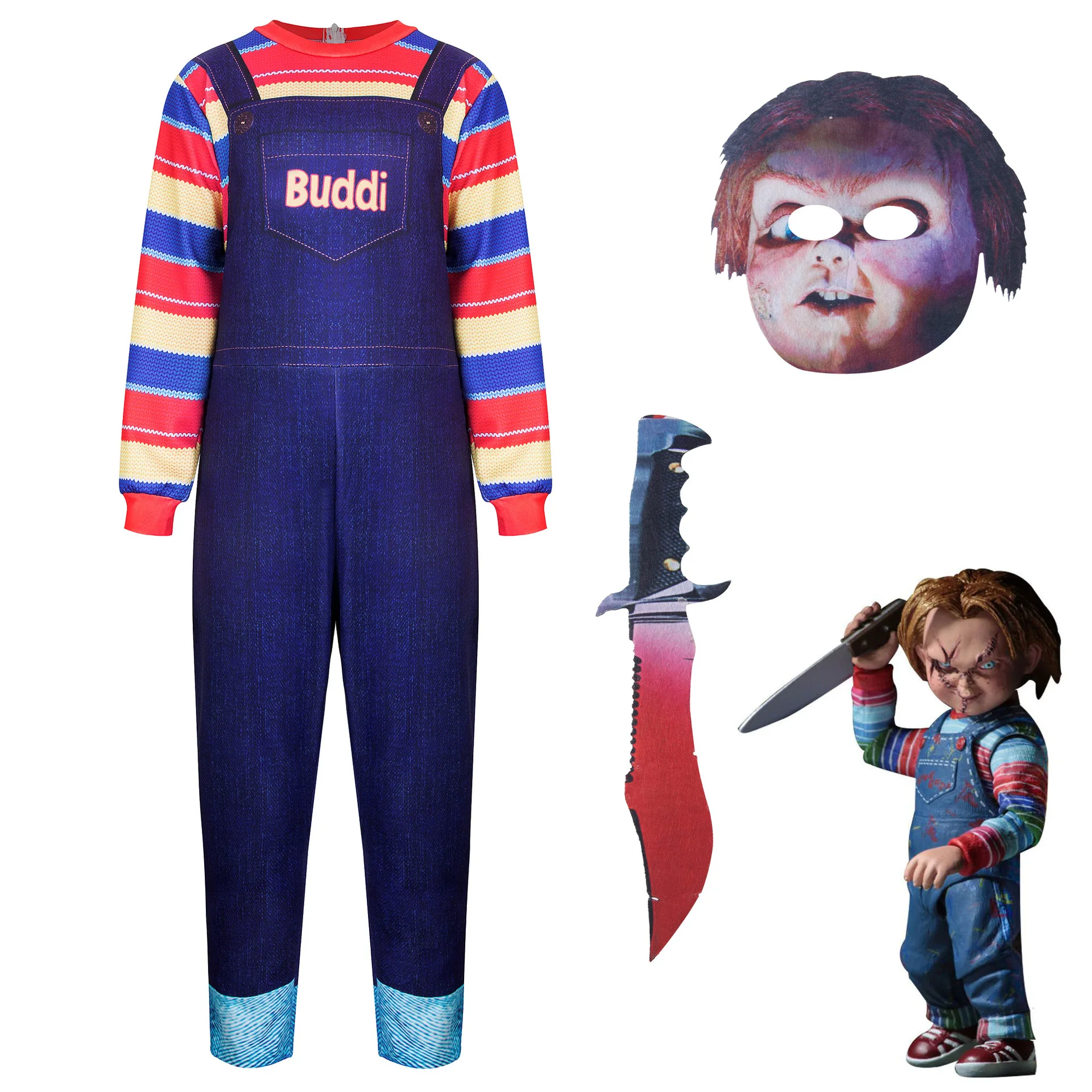 Kids Chucky Cosplay Costume Ghost Doll Mask Plastic Knife Halloween Carnival Horror Costumes Nightmare for Boy Festival Dress