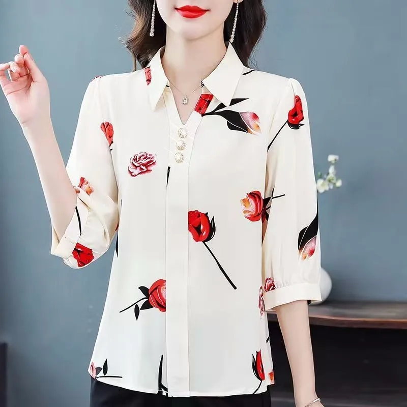 New Female Clothing Summer  3/4 Sleeve Loose Turn-down Collar Tee Shirt Casual Blouse Button Floral Fashion Women Crop Tops