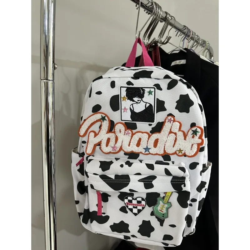 Original Y2K Millennium Cute Backpack Milk Leopard Pattern Backpack Kawaii Pink Cow Striped Backpack Niche Casual Handbag Gift