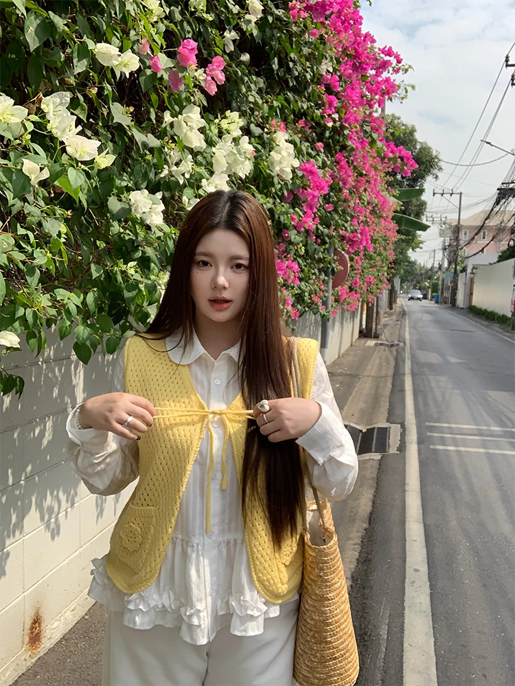 

V-Ne Open Cardigan Small Top Layered Wear Knitted Hollow out Svel Women's Sweater Polyester Material for plus Size