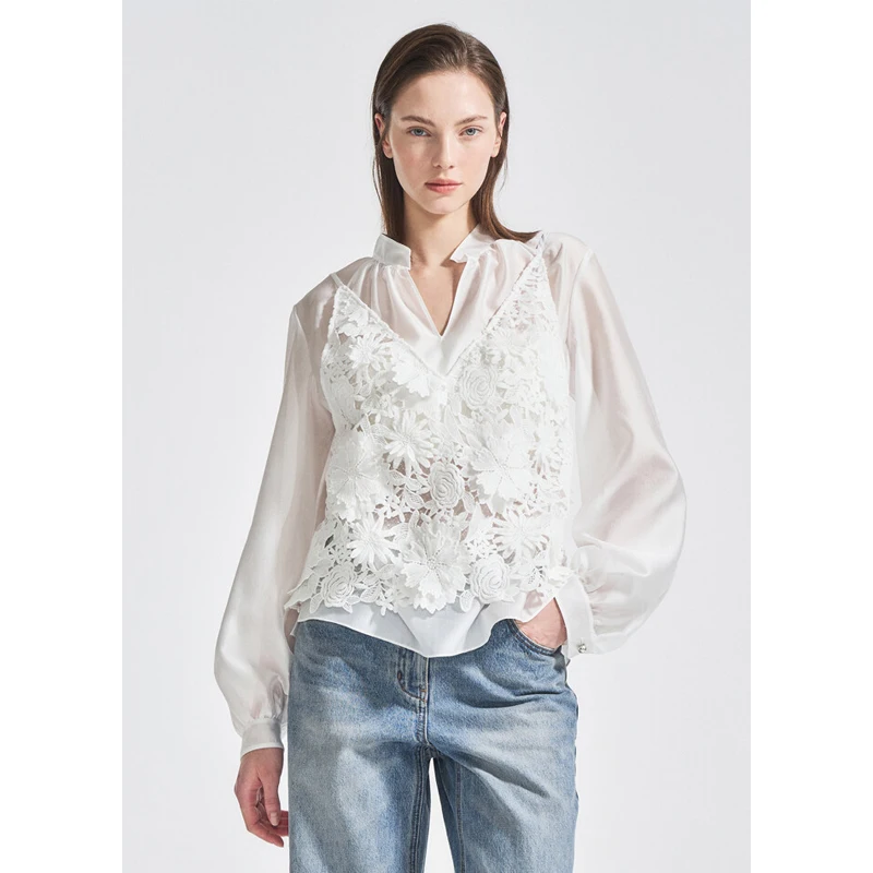 

Ele Romantic Korean Sle Women's Lace V-Ne irt Set Floral Embroidery Strap Cotton Polyester Spring Faion