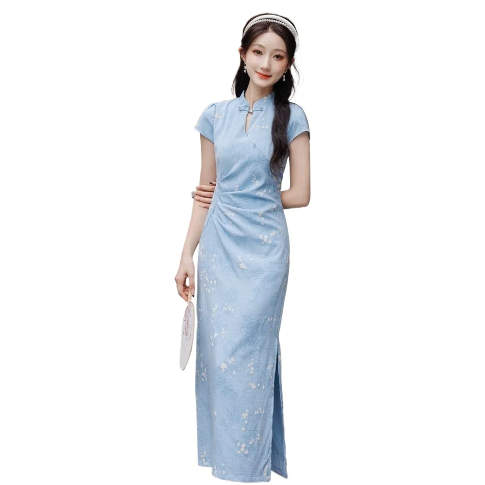 Improved Cheongsam Dress Qipao 2026 New Young Girl Orange Summer Daily Wearable Long Dress Chinese Summer Women Clothing