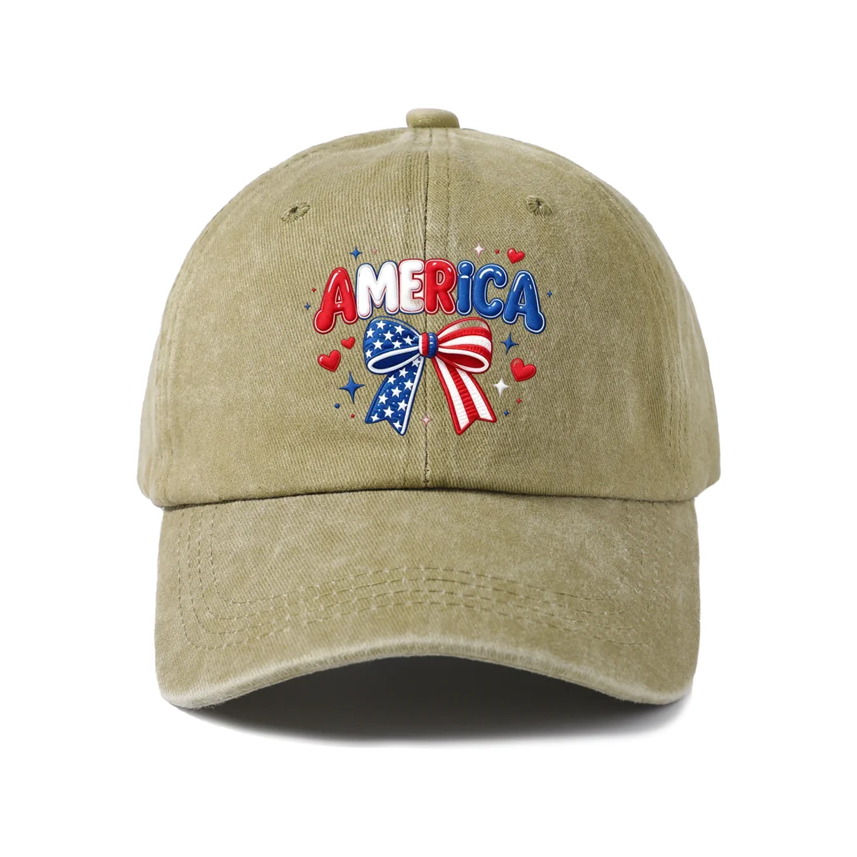 America Bow and Stars Graphic Baseball Cap, Vintage Washed Adjustable Unisex Dad Hat, Everyday Gift