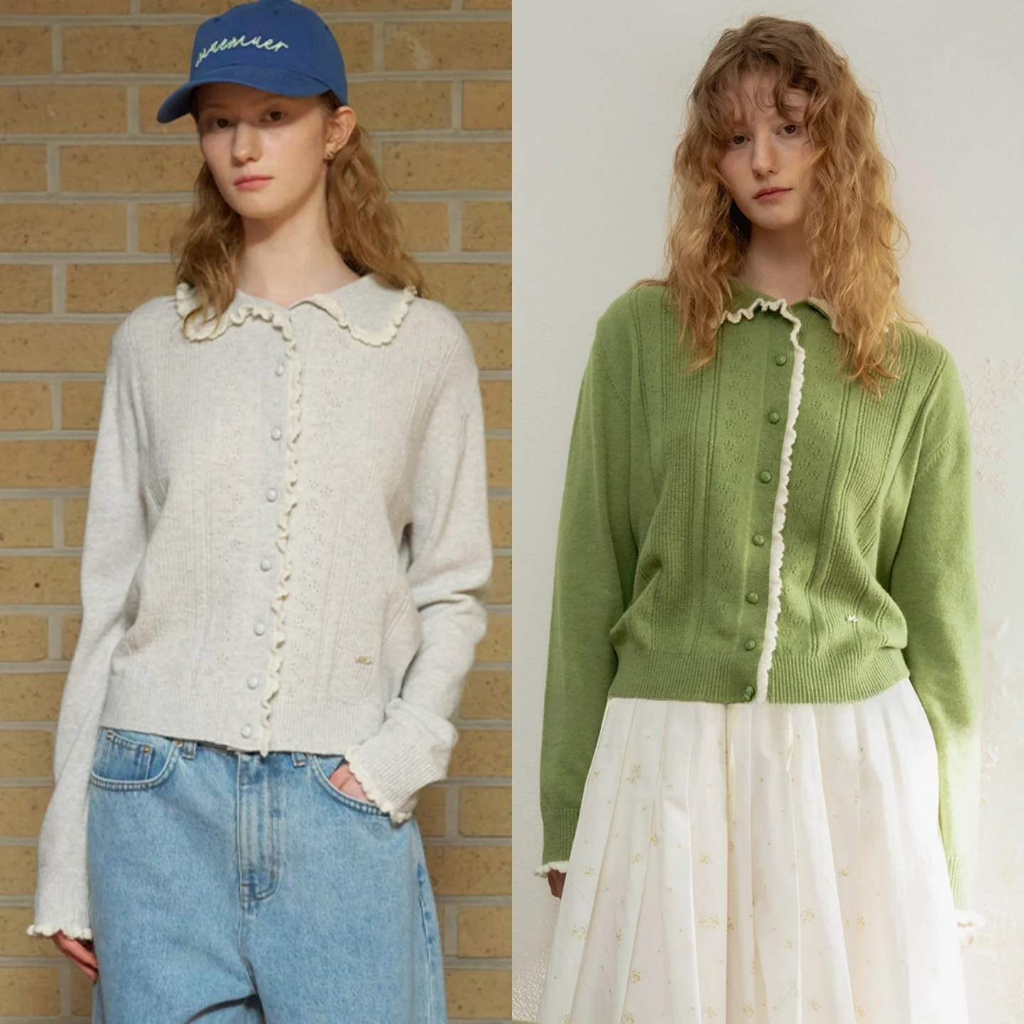 Soft Knitted Doll Collar Cardigan Skin-friendly Wood Grain Ruffle Color Block Commute Versatile Korean Style Women's Top