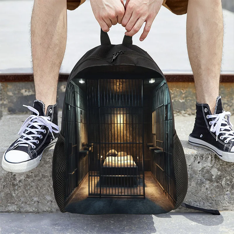 

Lightweight backpack with 2D flat print design featuring prison cell patterns. It comes with adjustable shoulder straps