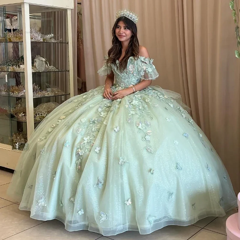 ANGELSBRIDEP vestido De quinceañera con hombros descubiertos, apliques De encaje, tul, Verde menta, fiesta De cumpleaños, graduación, 15 años