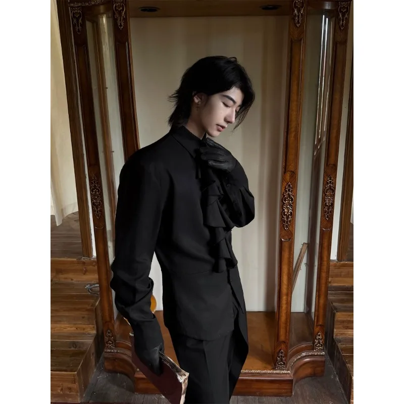 Men Court Detachable Lotus Leaf Collar Waist Long Sleeve Shirt