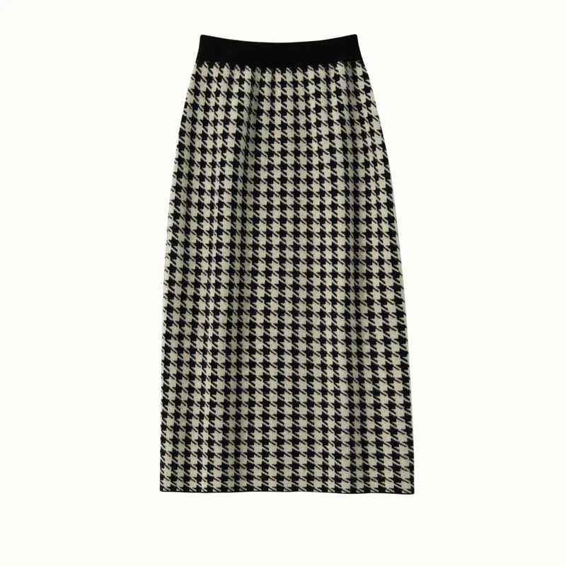 

Autumn And Winter Black Thousand Bird Grid Knitted 100% Cashmere Wrapped Hip Skirt Women's Slim Elastic Plaid Mid length Skirt