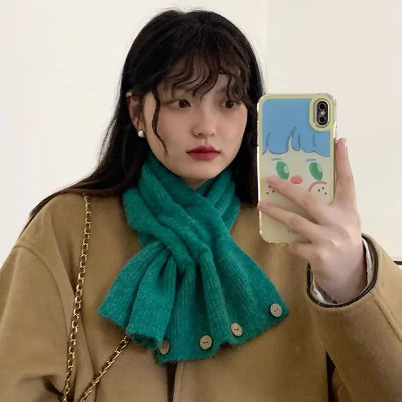 Autumn and Winter Cross Knitted Scarf Short Women's Scarf Korean Edition Color blocked Scarf Winter Warm Button Neck Cover