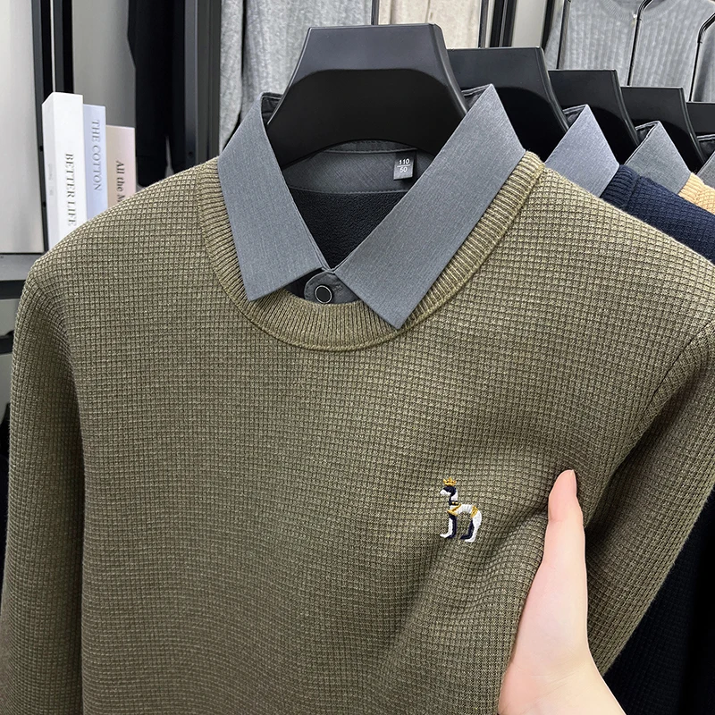Luxury Quality Men's Knitted Sweater Fake Two-Piece Cartoon Dog Embroid Long Sleeve Winter Shirt Collar Business Casual Menswear