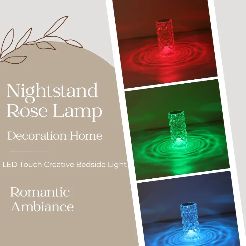 3/16 Colors Crystal Table Lamp for Bedroom LED Night Light Dimmable Night Light USB Bedside Diamond Rose Lamp Decor