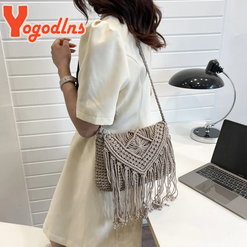 SummerTassel Straw Bag Women Handmade Woven Shoulder Bag Summer Kintted Beach Bag Vacation Lady Shoulder Bag Phone Bag