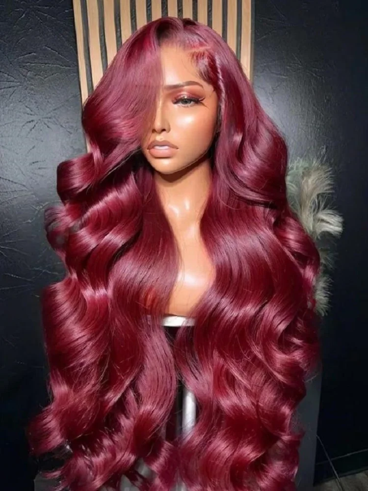 

99j Бордовый 13x4 Объемная волна Кружевные фронтальные парики Предварительно выщипанный красный парик Винно-красный цвет Hd 13x6 Парик из натуральных волос на кружеве для женщин