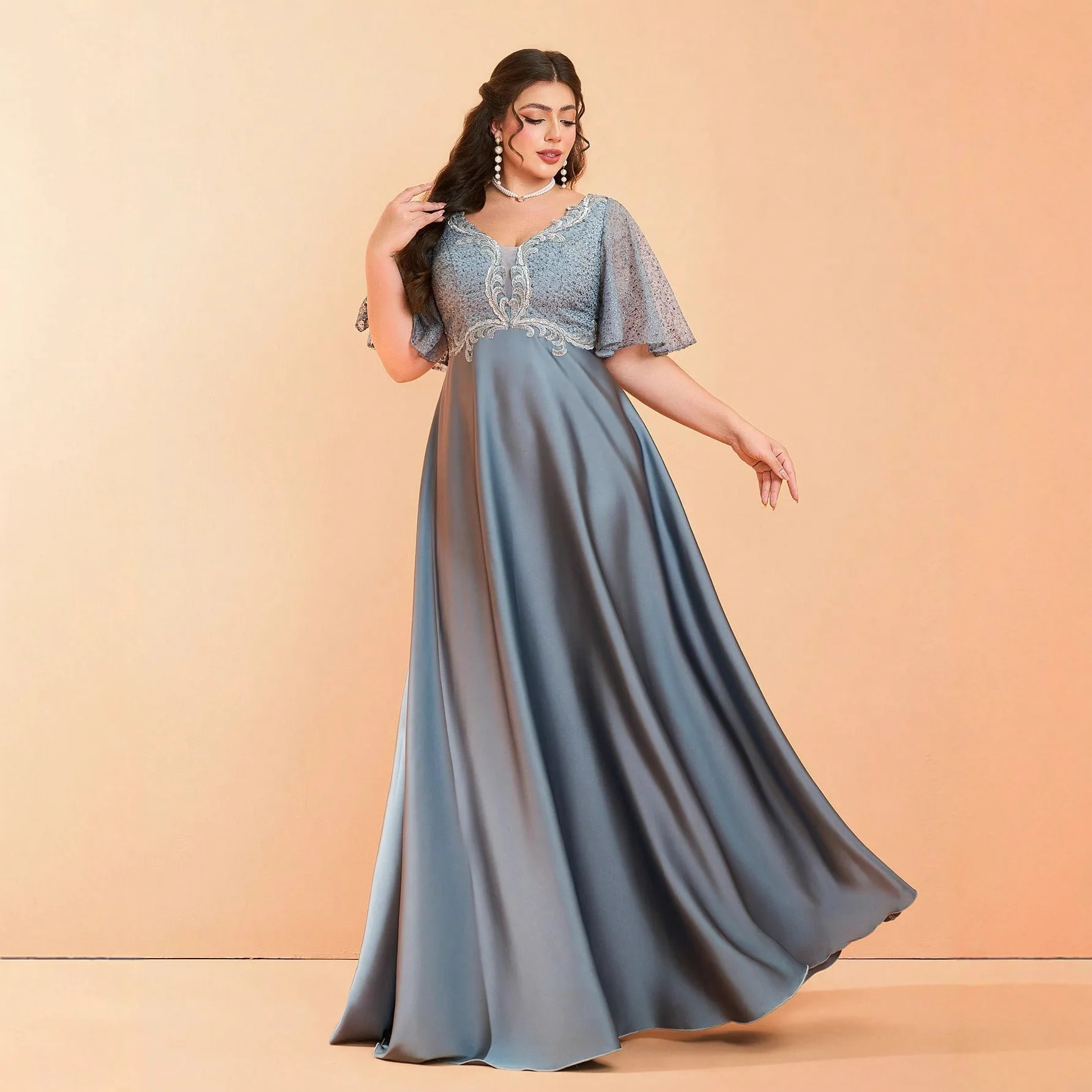 Ele Large Size Women's Dr Lace Satin Evening Gown Host Dr round Ne Chinese Production Summer mid Waist