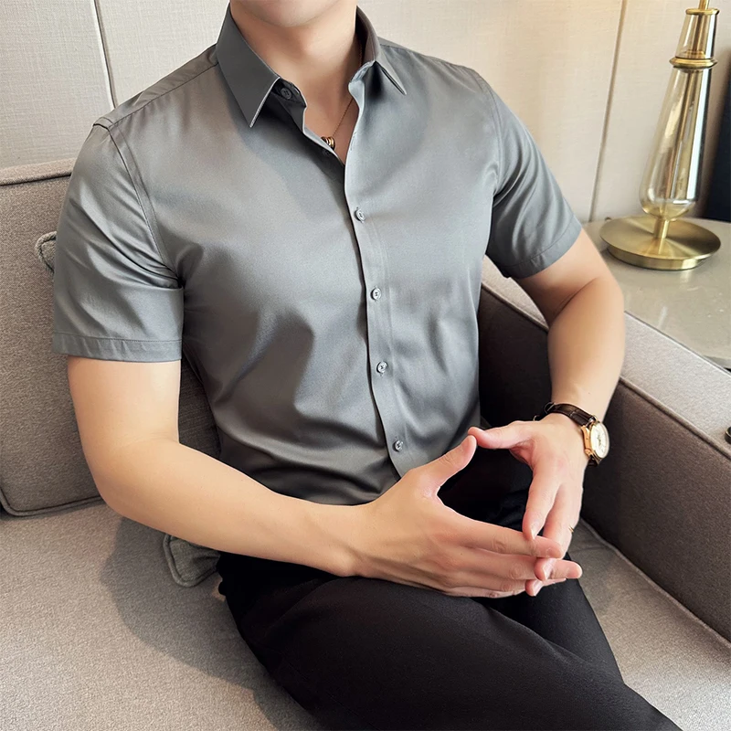 Summer Men\'s Formal Shirts Short Sleeve Basic Solid Ice Silk Non Iron Wrinkle Premium Luxury Business Soft Social Dress Shirt