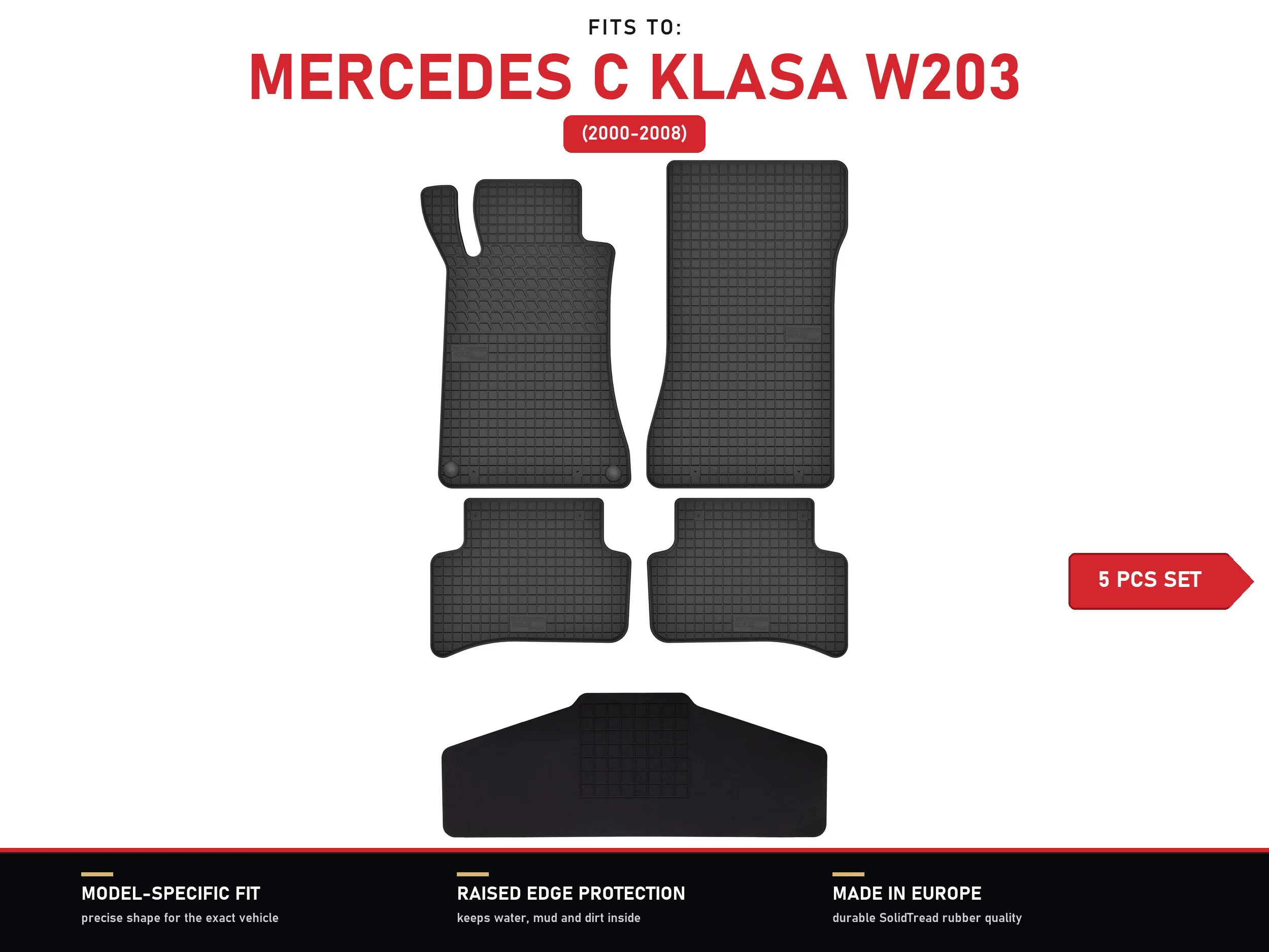 Rubberen vloermatten met tunnel voor: Mercedes C Klasse W203 2000-2008 5 stuks