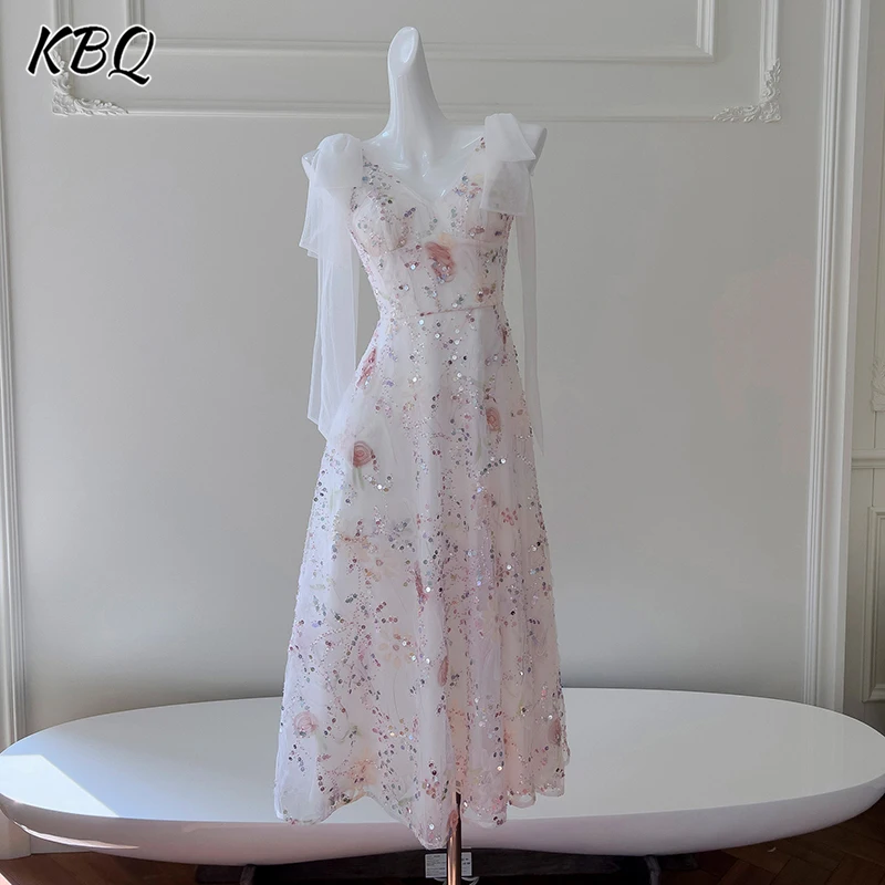 

KBQ Temperament Solid Spliced Sequins Tunic A Line Dresses for Women V Neck Sleeveless High Waist French Chic Dress Female New