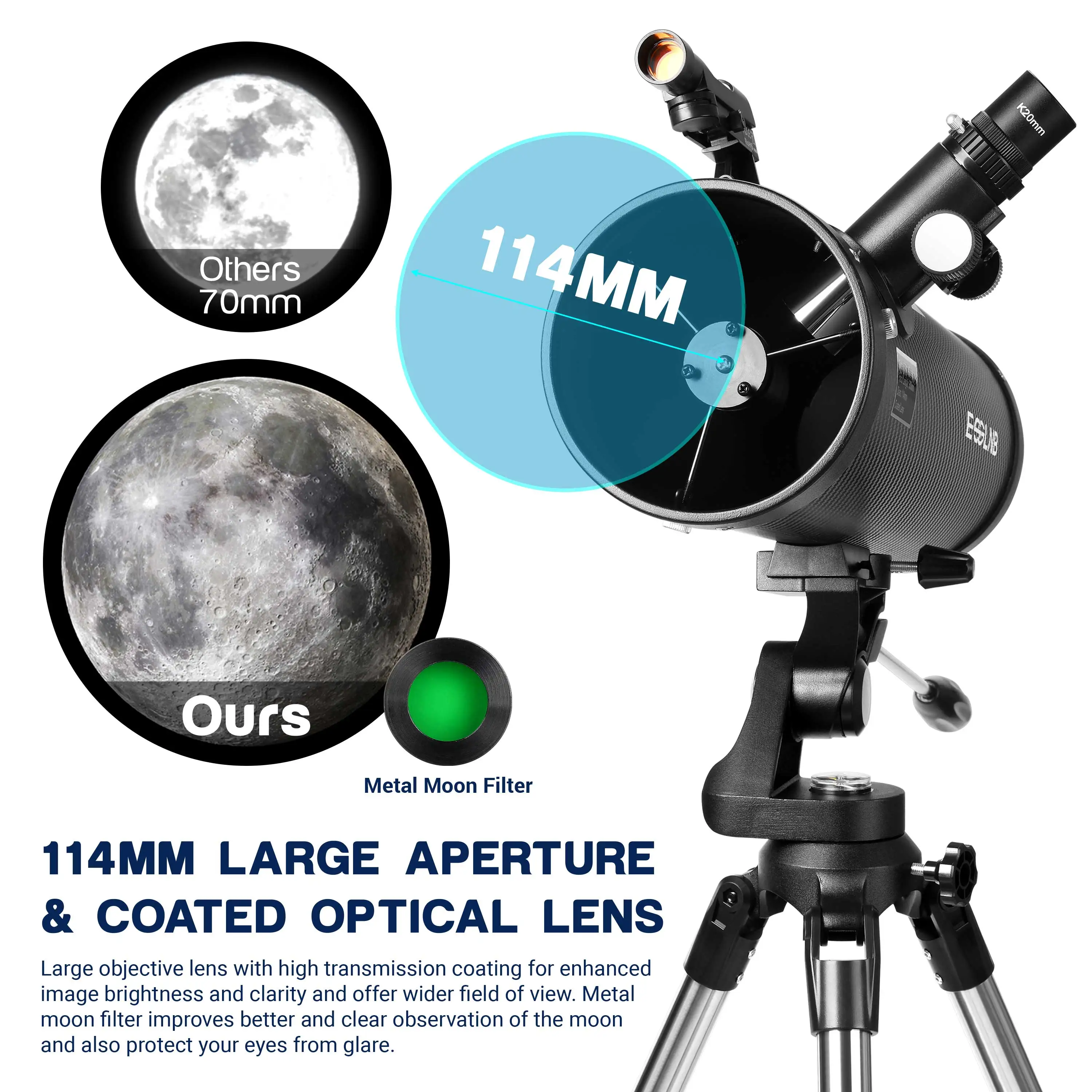 Newtonian Reflector Telescope Astronomical 500114AZ 150X for Moon Watching Adult Beginner Gift