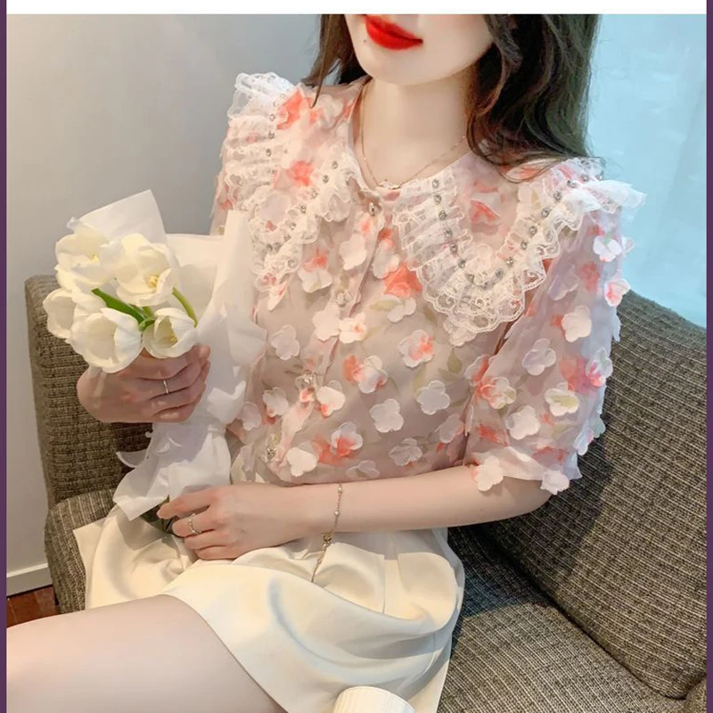 Sweet Peter Pan Collar Printed Button Beading Floral Shirt Female Clothing 2024 Summer New Commute Tops Office Lady Blouse