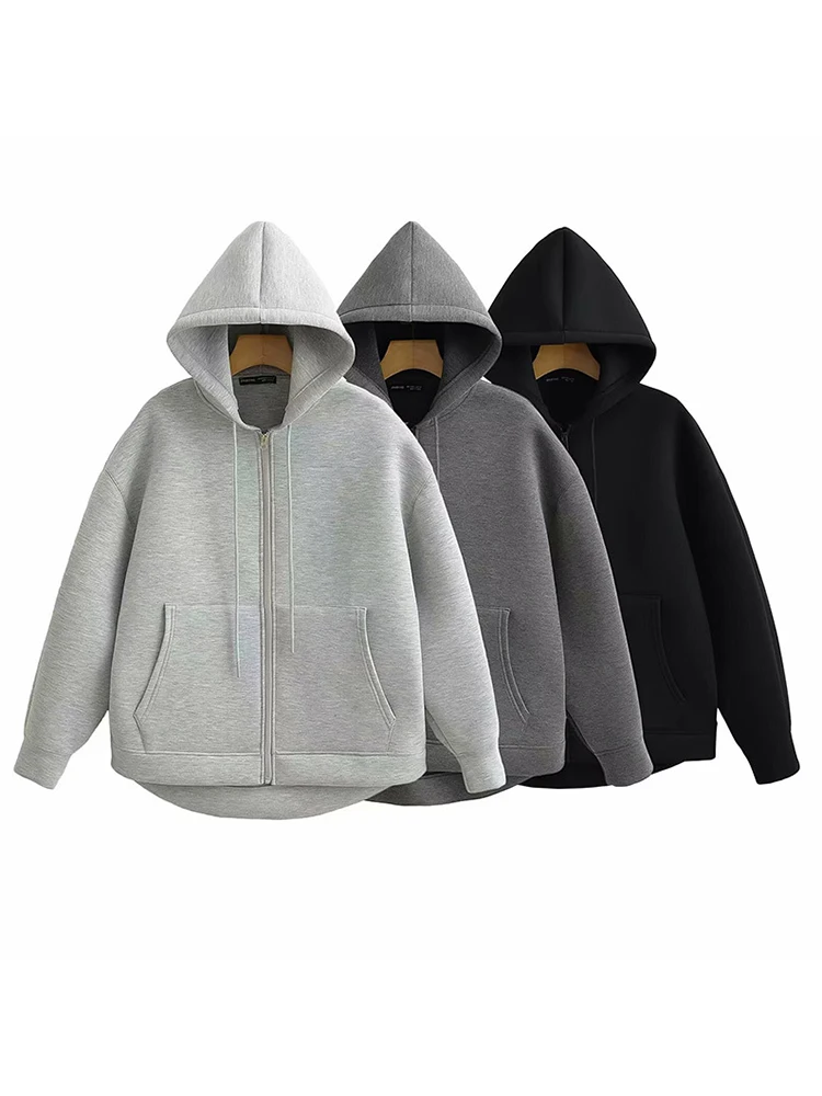 Winter Women Retro Hooded Zipper Sweatshirt Korean Solid Color Fashion Double Pocket Oversized Loose Long Sleeve Street Hoodie