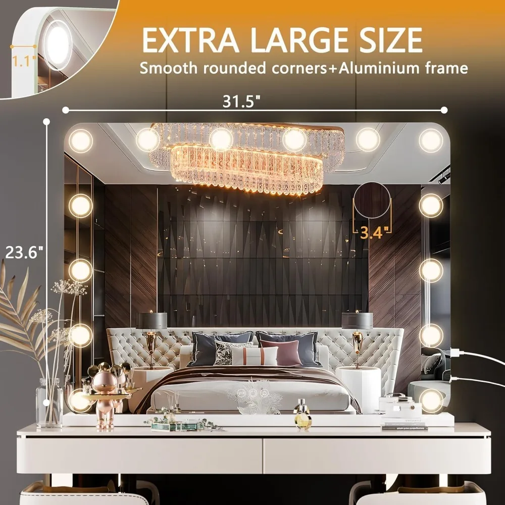 

Vanity Mirror with Lights,32" x 24" Makeup Mirror with 14 Dimmable LED Lights and 10X Magnification,3 Colors Modes,Touch Control