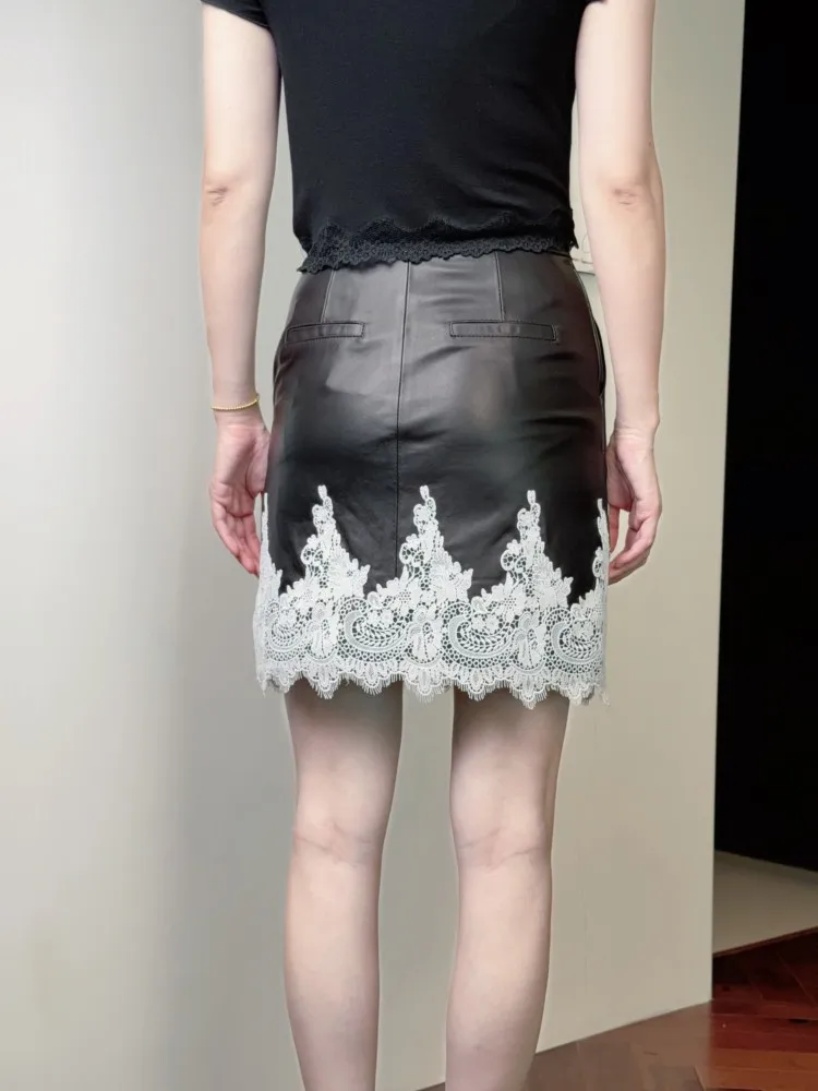 Fashion Office Ladies Sheepskin Spliced Lace Skirt Genuine Leather Slim Above Knee Wrap Skirts Elegant Women Leisure Date Skirts