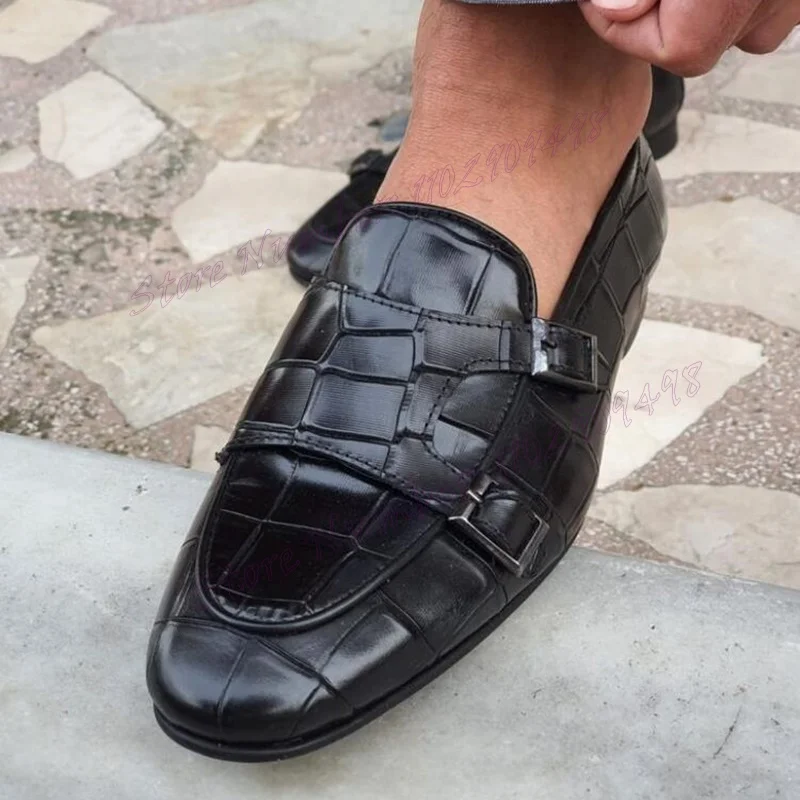 

Black Crocodile Skin Buckle Men's Loafers Shallow Handmade Dress Shoes for Men Business Party Runway Shoes Zapatos Para Hombres