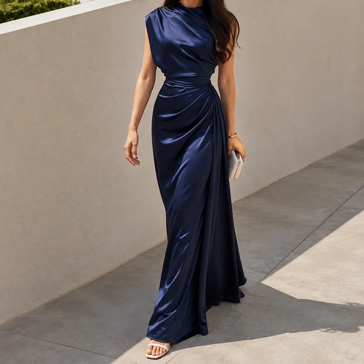 Round Neck Woven Gown Maxi Length European and American Style with Regular Sleeve Pullover Party Dress Summer Date for Women