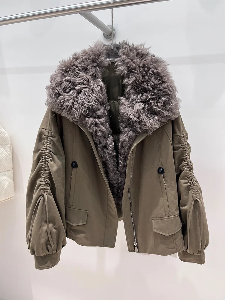 Piumini d'oca caldi invernali moda donna Collo in vera pelliccia di pecora di agnello naturale Cappotti femminili spessi Piumini Capispalla