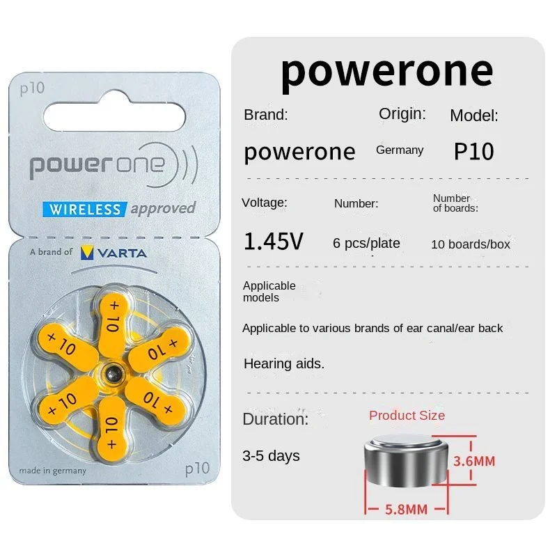 Germany Imported Powerone Hearing Aid Battery P13P10P312P675 Siemens Phonak ReSound Special A10s Batteries for Hearing Aid 312