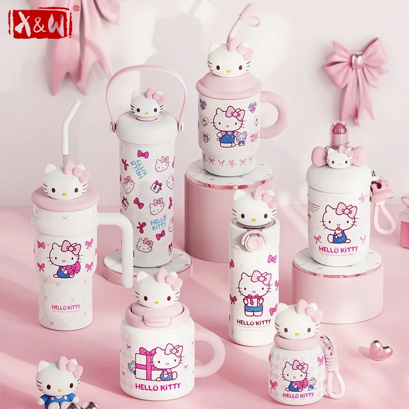 X&W Pink Bowknot Hello Kitty Series Thermos Cup Lovely Water Bottle Keep Warm＆Cold Coffee Mug Portable Water Cup for Outdoor Use